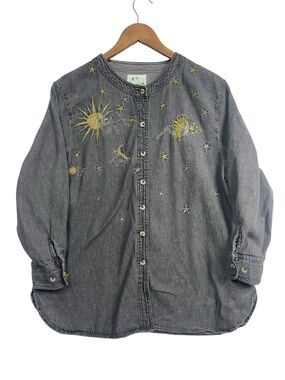The Quacker Factory Celestial Jacket Sun Moon Stars Embroidered Denim Shirt Med